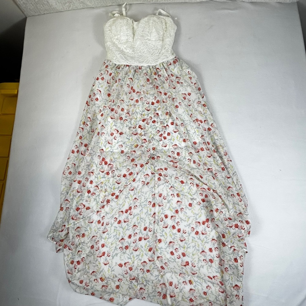 AS U WISH Floral Lace Corset Maxi Dress Strapless Sweetheart White Red Small
